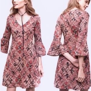 Maeve Anthropologie Erina Coral Multi-Color Argyle Print Bell Sleeve Swing Dress